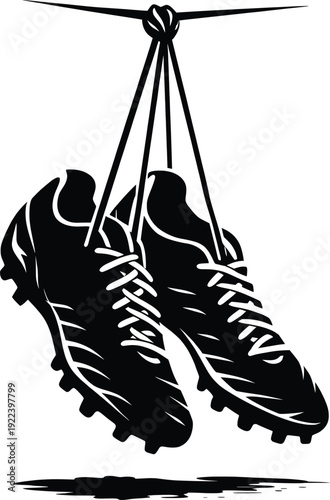 Hanging Soccer Cleats Silhouette Vector, Black and White Football Boots Illustration.