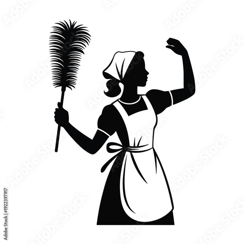A minimalist black and white vector illustration of a maid holding a feather duster and flexing her arm