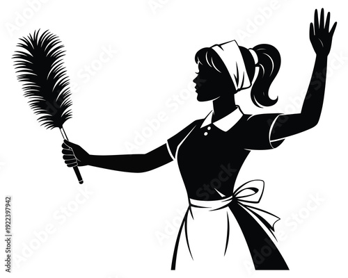 A minimalist black and white vector illustration of a maid holding a feather duster and flexing her arm