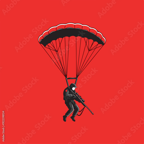 illustration of a sniper riding a parachute on a red background