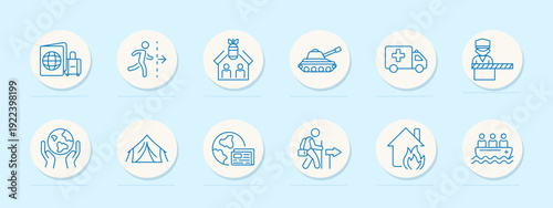 Military emergency refugee set icon. Blue outline badges, passport luggage, border control, shelter house, tank, ambulance, checkpoint guard, globe care, tent, id card, direction sign