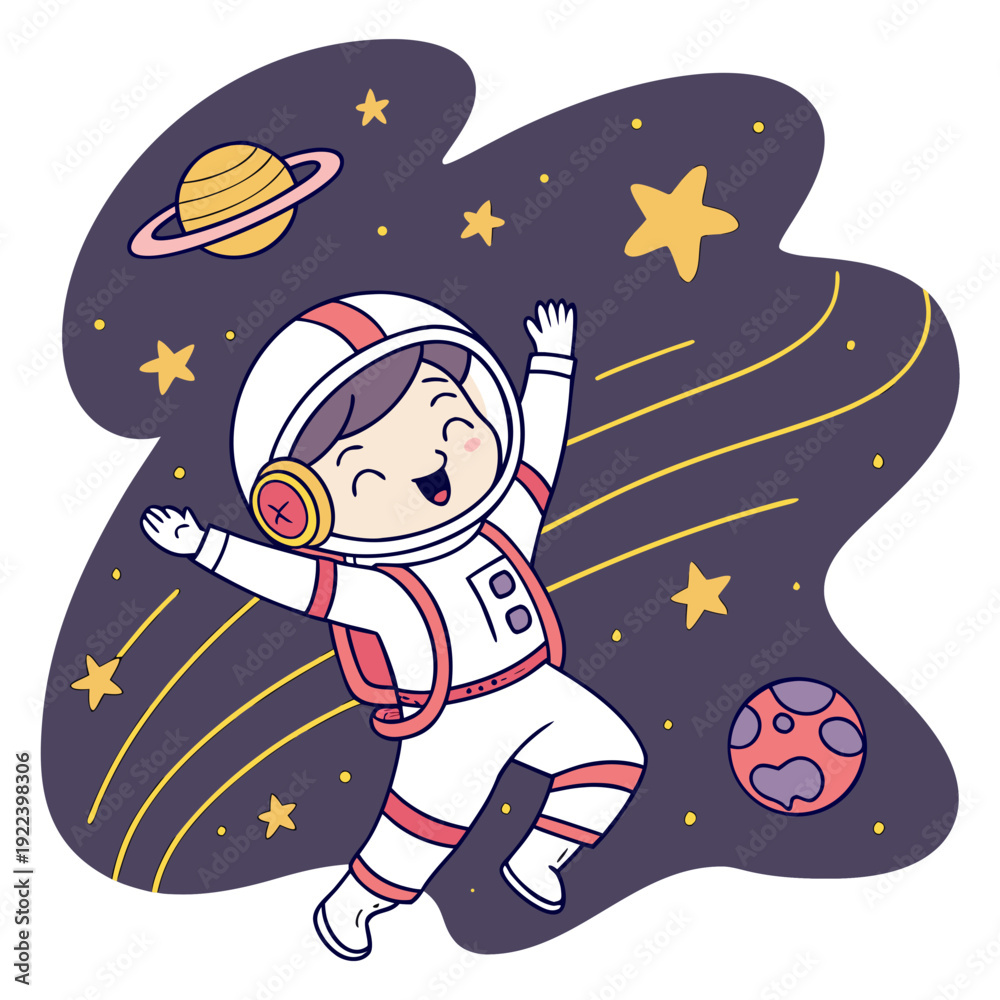Naklejka premium Happy Astronaut Floating in Space Among Stars and Planets