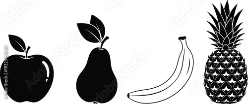 Fruit silhouette set with apple pear banana and pineapple isolated on white background, black vector illustration collection