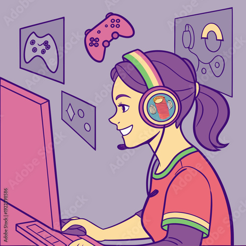 Gamer Girl with Headphones Playing Computer Game with Joy