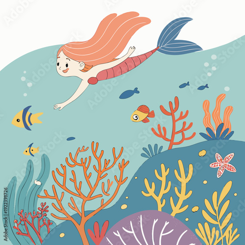 Mermaid Swimming Underwater Amidst Colorful Coral Reef and Fish