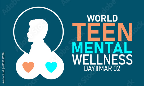 World Teen Mental Wellness Day, March 2 Vector, Teen Brain Heart Chat Bubble, Blue Ribbon Awareness Poster, Flat Design Mental Health Support Youth Banner Illustration Stock Graphic