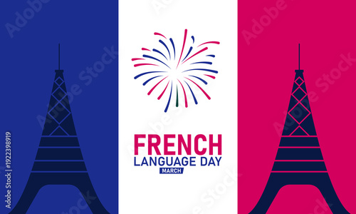 French Language Day, March 20 Vector, Eiffel Tower Croissant Baguette, Blue Ribbon Awareness Poster, Flat Design Francophonie Culture Paris Banner Illustration Stock Graphic