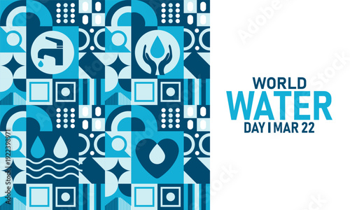 World Water Day, March 22 Vector, Water Drop Globe Wave, Blue Ribbon Awareness Poster, Flat Design Clean Water Conservation Sustainability Banner Illustration Stock Graphic