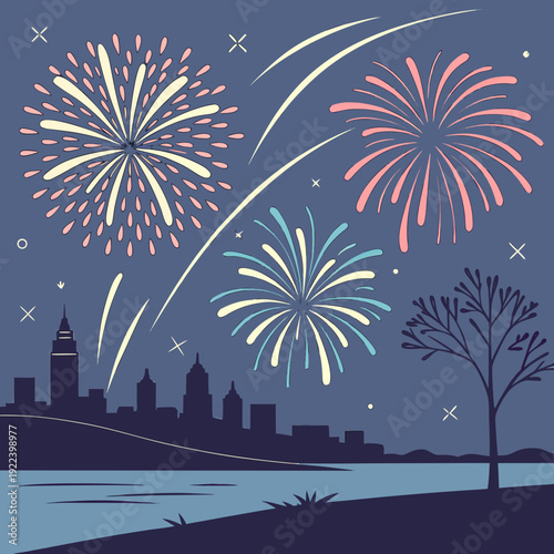 Cityscape Silhouette with Colorful Fireworks in the Sky