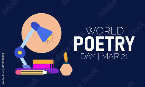 World Poetry Day, March 21 Vector, Quill Ink Scroll Verse, Blue Ribbon Awareness Poster, Flat Design Linguistic Diversity Creative Writing Banner Illustration Stock Graphic