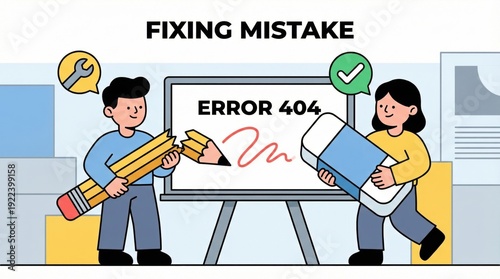 Man holding a broken pencil and woman holding a large eraser, collaborating to fix an error 404 message displayed on a board, symbolizing problem solving and correction