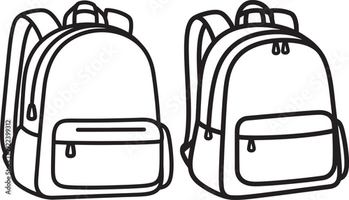 Two black and white outline illustrations of backpacks, simple school bags for travel or education