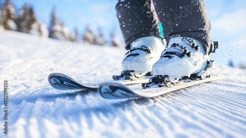 Close-up of Skis Gripping Icy Slope in Winter Snow