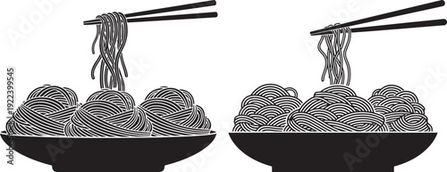 Two black silhouette icons of bowls filled with spaghetti noodles, one being lifted by chopsticks