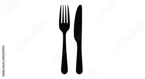 Simple black silhouette of a fork and knife on a white background