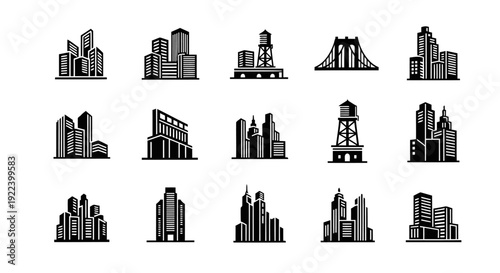 A clean black silhouette icon set featuring twelve unique city illustrations inspired by the urban atmosphere of New York City. Each icon represents abstract metropolitan elements such as modern