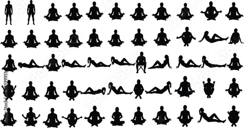 Large collection of black silhouettes featuring men and women in various yoga poses meditation lotus positions and reclining relaxation postures isolated on a white background