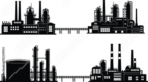 Industrial factory silhouette set, oil refinery and power plant buildings, manufacturing industry vector illustration isolated background