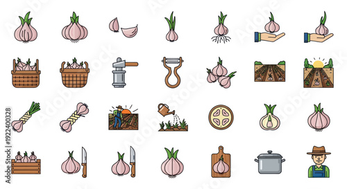 Garlic Farming and Cooking Icons: Harvest, Planting, and Preparation Set
