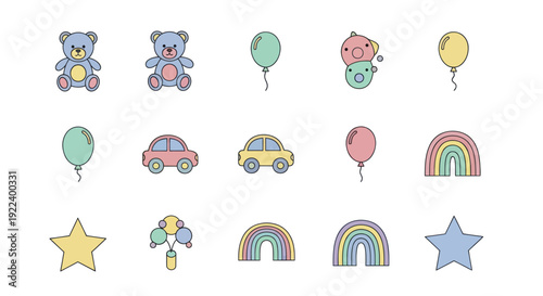Cute Baby Toys and Symbols Icons Collection: Teddy Bears, Balloons, Cars, Rainbows, Stars, Rattle