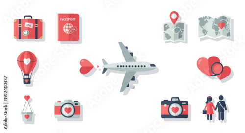 Travel Icons: Airplane, Hot Air Balloon, Suitcase, Passport, Camera, Map, Hearts