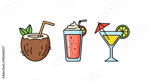 Tropical Drinks: Coconut, Smoothie, and Cocktail Icons