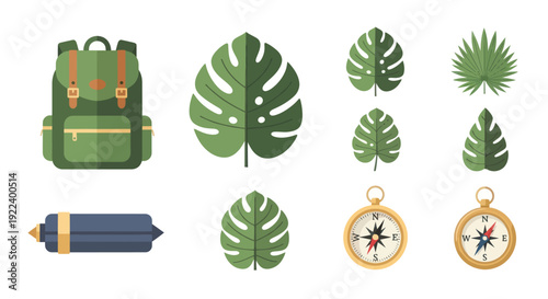 Backpack, Tropical Leaves, and Compass - Adventure Travel Flat Icons Set