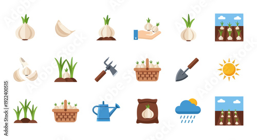 Garlic Cultivation Icons: Growing, Harvesting, and Farming Tools Set
