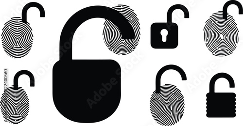 Locks and fingerprints in black and white illustration style
