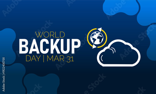 World Backup Day, March 31 Vector, Hard Drive Cloud Sync Arrow, Blue Ribbon Awareness Poster, Flat Design Data Protection Recovery Security Banner Illustration Stock Graphic