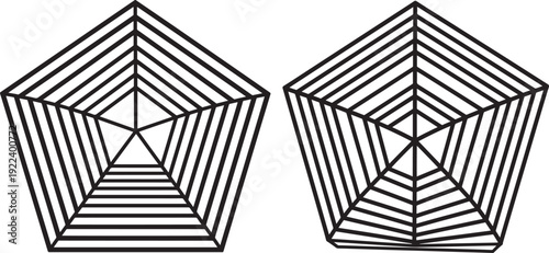 Abstract geometric design of two connected pentagons with radiating lines, suggesting networks or structures.