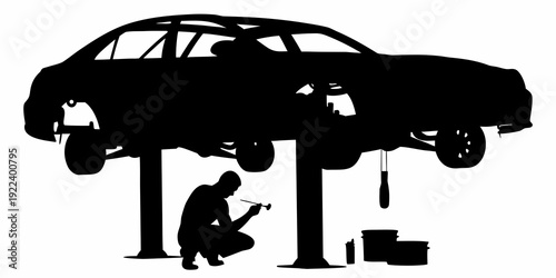 Car Mechanic Working Under Elevated Vehicle Silhouette Vector
