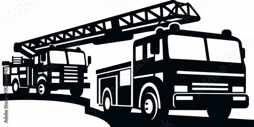 Emergency Fire Engine and Industrial Mobile Crane Silhouette Set