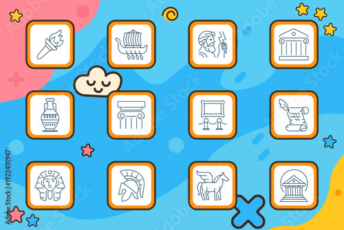 Ancient history set icon. Torch flame, viking ship, greek statue, temple building, amphora vase, column capital, gallery frame, scroll manuscript, sphinx mask, spartan helmet, pegasus horse, monument