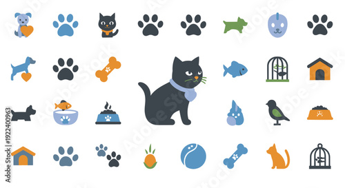 Cute Pet Icons Collection: Cat, Dog, Bird, Fish, Paw Prints, Bone, Bowl, Cage
