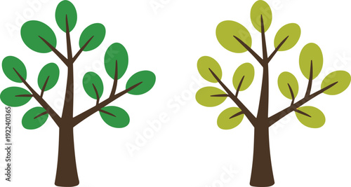 Set of Two Minimalist Stylized Green and Yellow Tree Icons with Brown Trunks and Simple Leaf Shapes for Eco-Friendly Branding and Environmentally Friendly Nature Designs