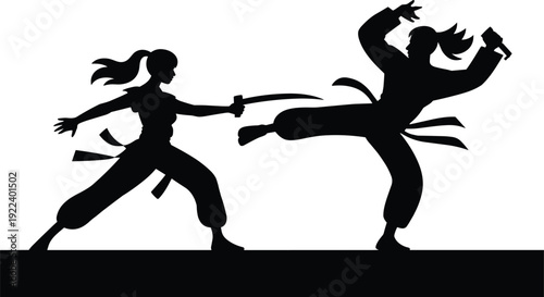 Black Martial Arts Silhouette Vector Illustration Featuring Two Fighters Engaged in Combat with Traditional Weapons and High Kick Dynamic Movement for Sports Graphics