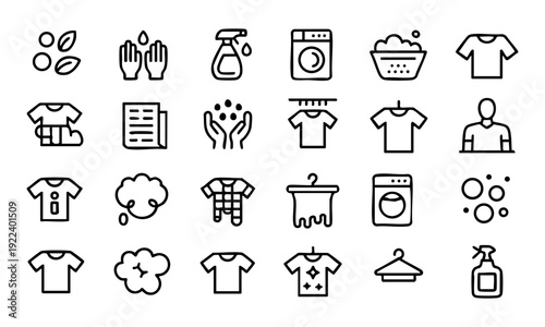 Collection of black and white icons related to laundry and clothing care