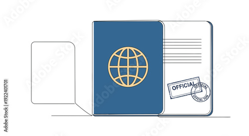 Blue international passport booklet illustration featuring a prominent globe icon on the cover and an official stamped page inside against a black background.