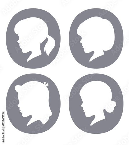 Vector illustration set of four female silhouette profiles in gray round frames. Vintage cameo style portraits with elegant hairstyles. Ideal for fashion, beauty, and emblem designs
