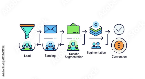 Marketing and sales funnel illustration detailing the customer journey from lead generation through segmentation, email communication, and ultimately achieving successful conversion into revenue, show