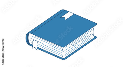 Isometric illustration of a thick blue hardcover book featuring two integrated white ribbon bookmarks resting flat against a plain black background for educational use.