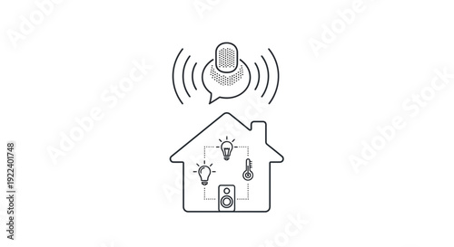 Voice controlled smart home automation system concept using a microphone icon directing commands to manage integrated lighting and temperature regulation within a dwelling outline