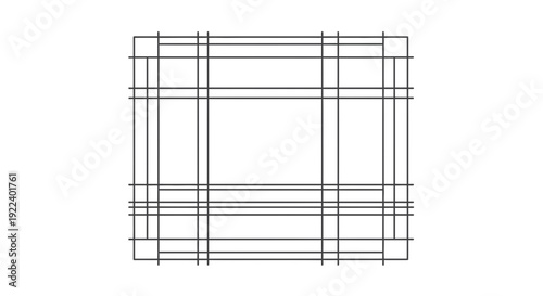 Abstract black and white graphic design featuring a vertical rectangular grid structure with intersecting horizontal and vertical thin dark gray lines creating internal divisions and negative space.