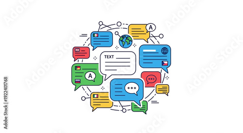 An illustration depicting global communication and real-time language translation services through interconnected speech bubbles, symbolizing diverse conversations and seamless information exchange wo