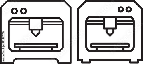 Outline icons of 3D printers, modern additive manufacturing technology, isolated on white background, technology concept