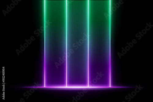 Two color vertical light beams composition. Four glowing columns with violet upper glow, warm base line, smooth gradients, dark backdrop, vibrant neon illumination atmosphere.