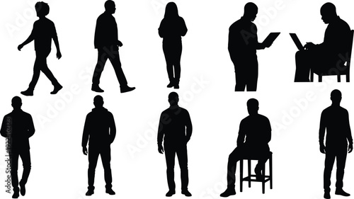 Silhouette people walking, standing, sitting, working, using devices, lifestyle diversity, teamwork, communication, modern office activity, professional routine, daily posture illustration design
