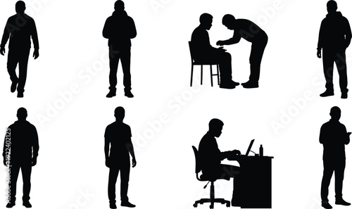 Silhouette people walking, standing, working, gesturing, pointing, sitting, lifestyle diversity, teamwork, communication, modern office activity, professional routine illustration design