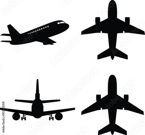 Airplane silhouette icon set with four jet views, side, top, front and bottom angles, black vector aircraft isolated on white.